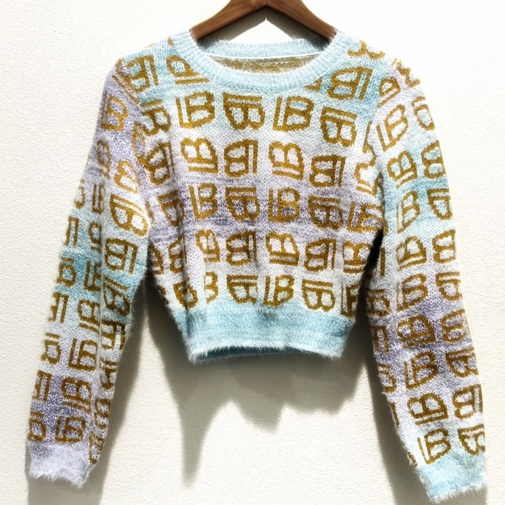 Y2K Barbiecore Rainbow Ombre Pastel Fuzzy Letter Graphic B Sweater Cropped - Picture 7 of 8